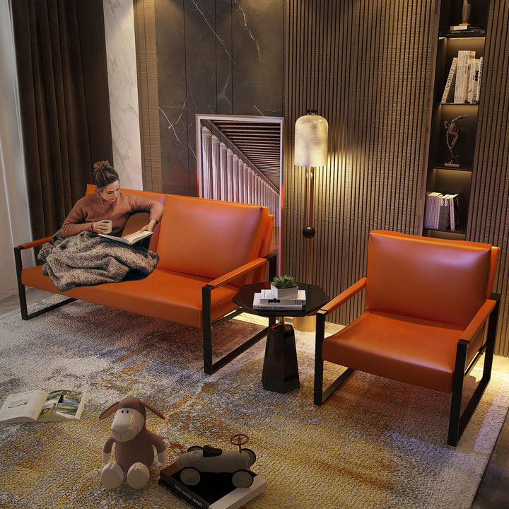 Lamerge Mid-Century Retro Modern Living Room Sofa Set with Loveseat and Seating Sofa Chair, Upholstered Couch and Accent Chair with Armrest, Living Room Set for Small Space, APT, Office (Orange)