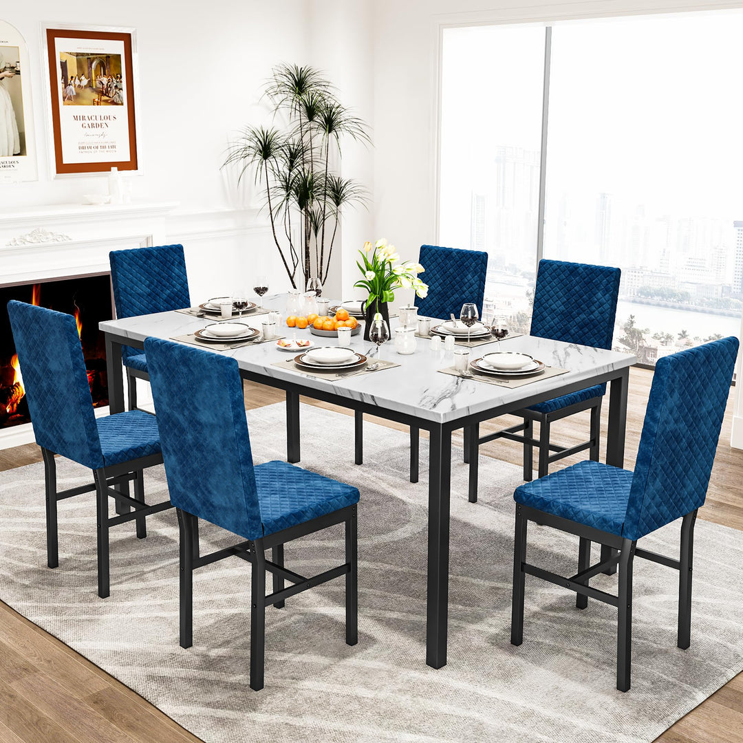 Dining Table Set, 7 Piece Large modern Kitchen Table and chairs for 6 with Metal Frame for breakfast Nook,Faux Marble Dining Room Table Set with 6 Velvet Chairs,apartment,Big Family,Blue