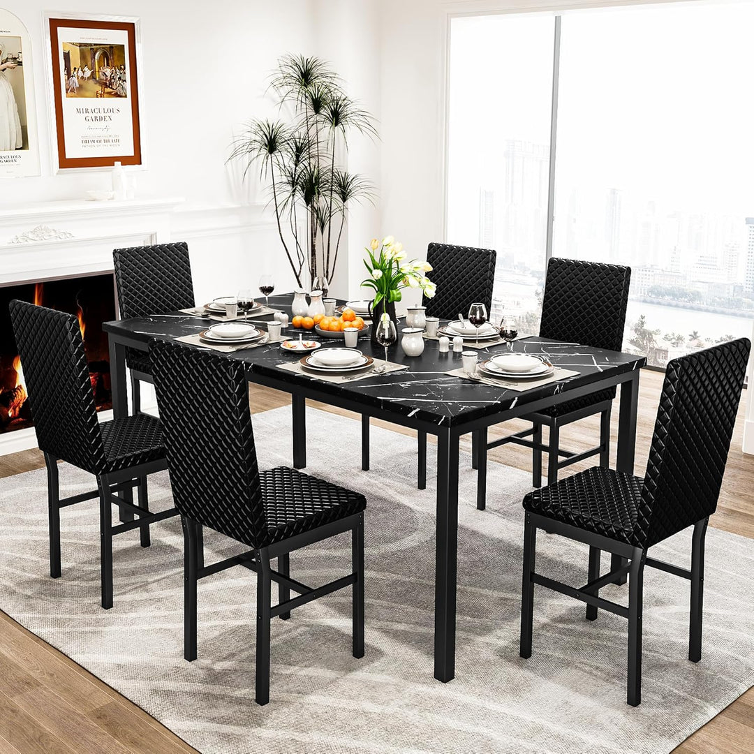 7-Piece Dining Table Set with Faux Marble Table Top