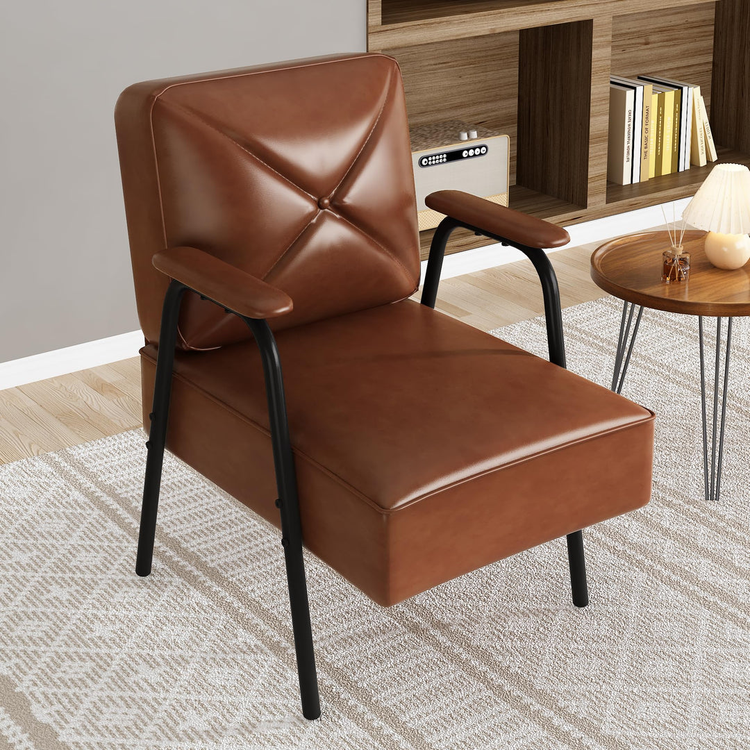 Lamerge Black Small Accent Chair Set of 2, Mid Century Modern Side Chair with Padded Armrests, Retro Faux Leather Arm Chair for Living Room, Bedroom, Office, Reception Room