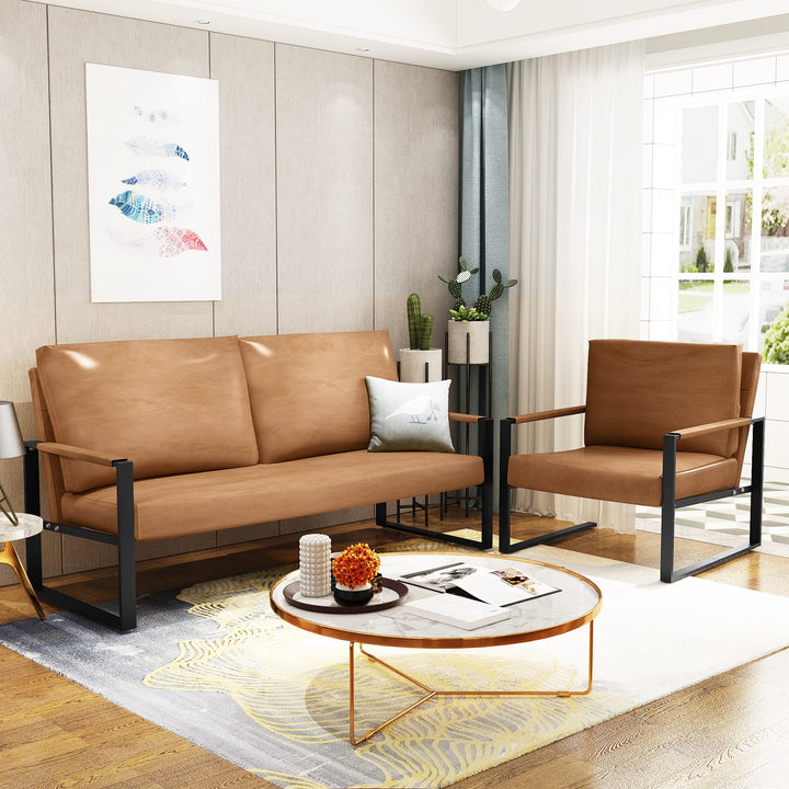 Lamerge Mid-Century Retro Modern Living Room Sofa Set with Loveseat and Seating Sofa Chair, Upholstered Couch and Accent Chair with Armrest, Living Room Set for Small Space, APT, Office (Orange)