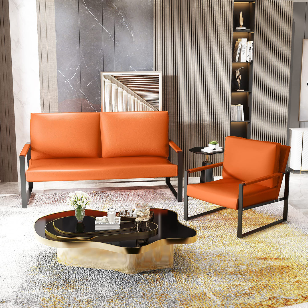 Lamerge Mid-Century Retro Modern Living Room Sofa Set with Loveseat and Seating Sofa Chair, Upholstered Couch and Accent Chair with Armrest, Living Room Set for Small Space, APT, Office (Orange)