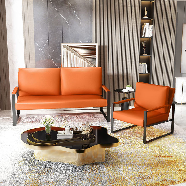 Lamerge Mid-Century Retro Modern Living Room Sofa Set with Loveseat and Seating Sofa Chair, Upholstered Couch and Accent Chair with Armrest, Living Room Set for Small Space, APT, Office (Orange)