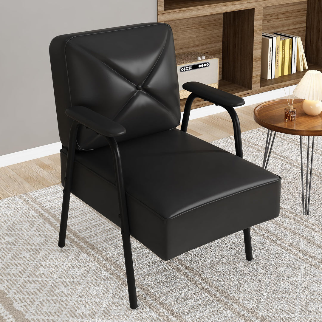 Lamerge Black Small Accent Chair Set of 2, Mid Century Modern Side Chair with Padded Armrests, Retro Faux Leather Arm Chair for Living Room, Bedroom, Office, Reception Room