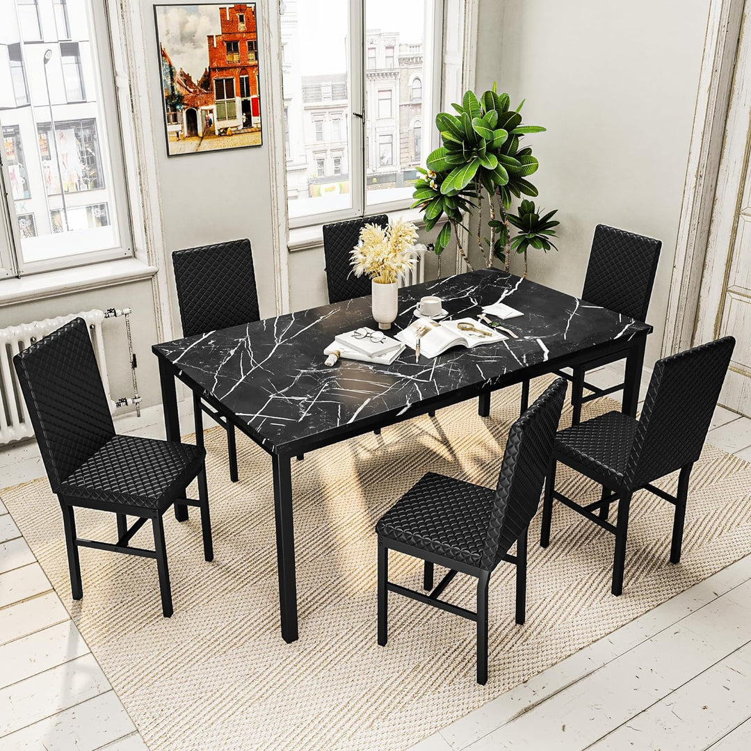 7-Piece Dining Table Set with Faux Marble Table Top