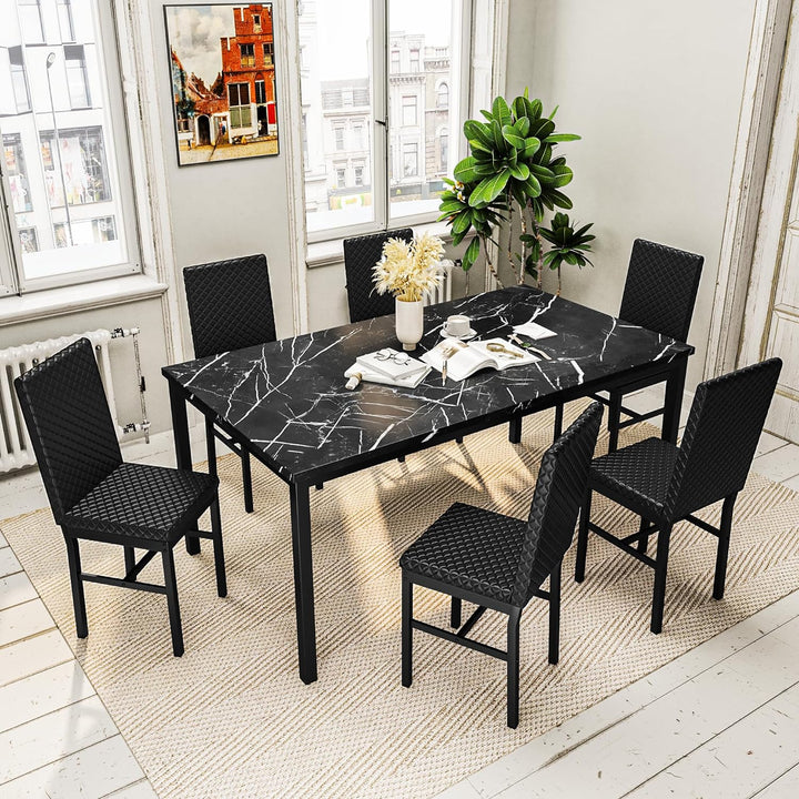 7-Piece Dining Table Set with Faux Marble Table Top