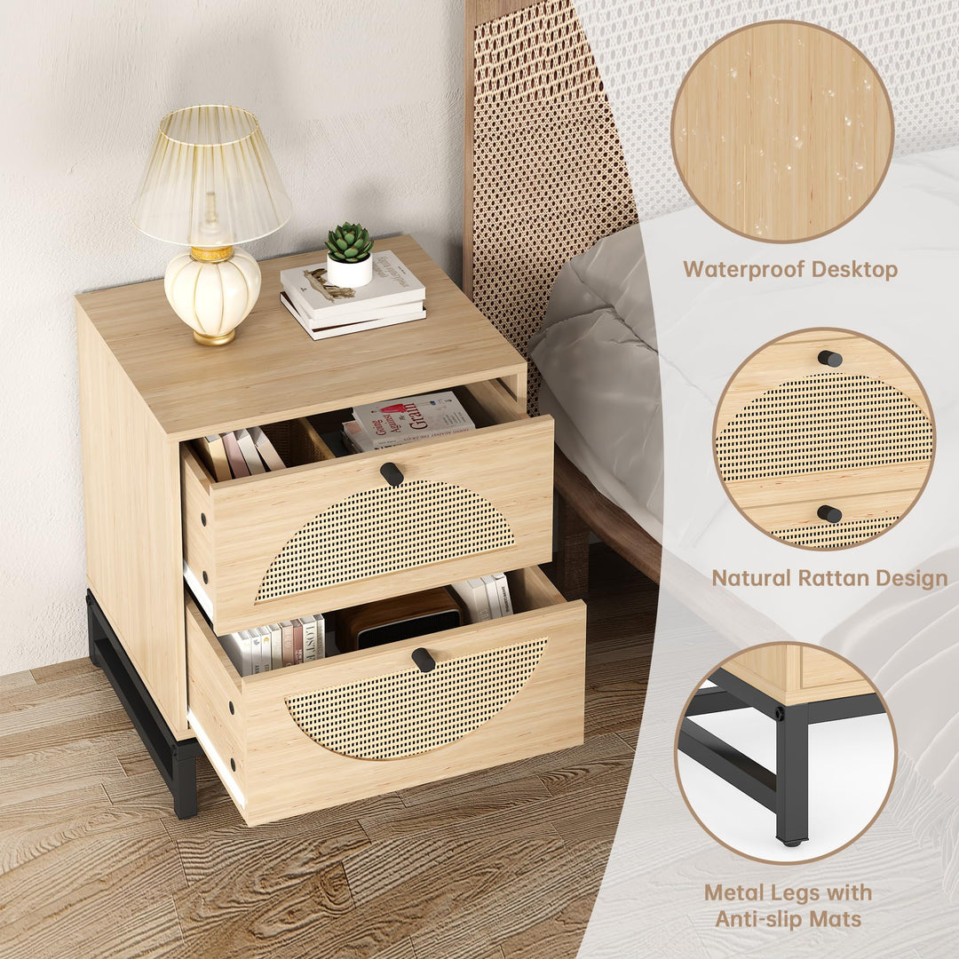 Lamerge Rattan Nightstands Set of 2, Boho Night Stands with Drawers & Metal Leg,Wood Bed Side Tables End Table for Bedroom, Living Room-Beige