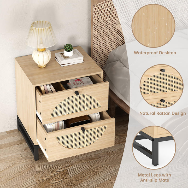 Lamerge Rattan Nightstands Set of 2, Boho Night Stands with Drawers & Metal Leg,Wood Bed Side Tables End Table for Bedroom, Living Room-Beige