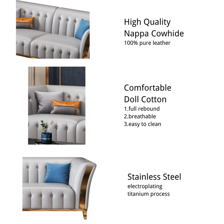 Sitka Nappa Leather 3-Piece Grey Luxury Chesterfield Sofa Set