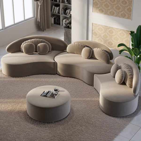 Ghita Velvet 3 Pieces Curved Modular Sofa Set with Ottoman