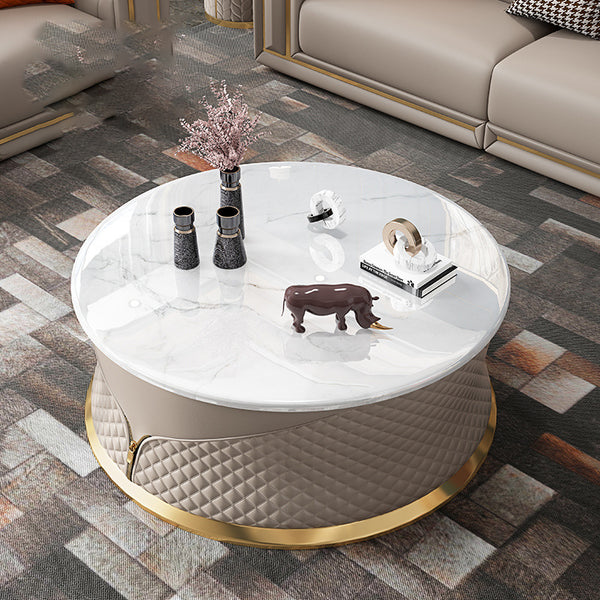 Round Modern Faux Marble Coffee Table in White & Gold