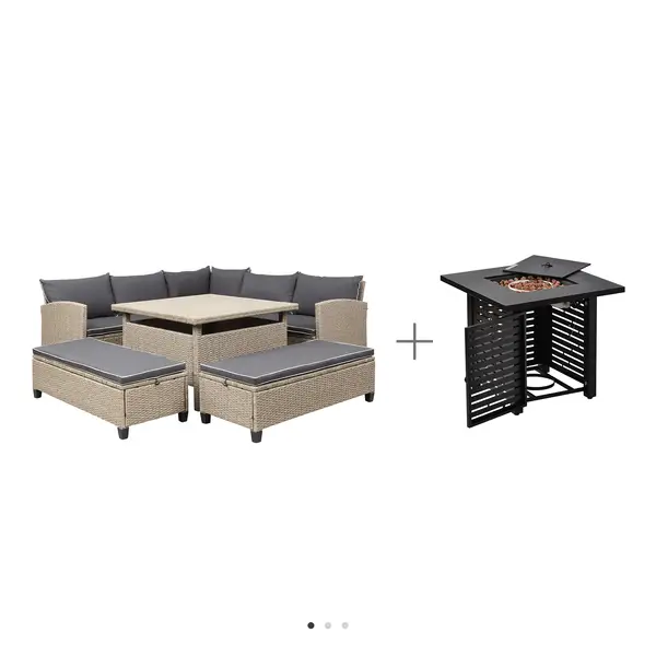 Irta Wicker Outdoor Corner Sectional, 2 Benches & Dining Table Set