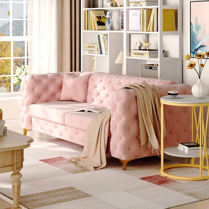 Sitka Pink Velvet Loveseat With Two Throw Pillows