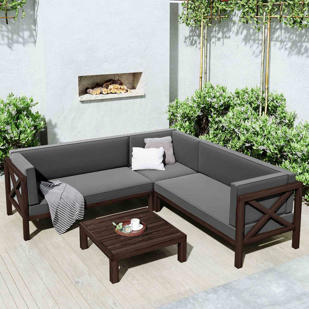Oasis Wood Outdoor Sectional Seating Group with Cushions and Tableooden