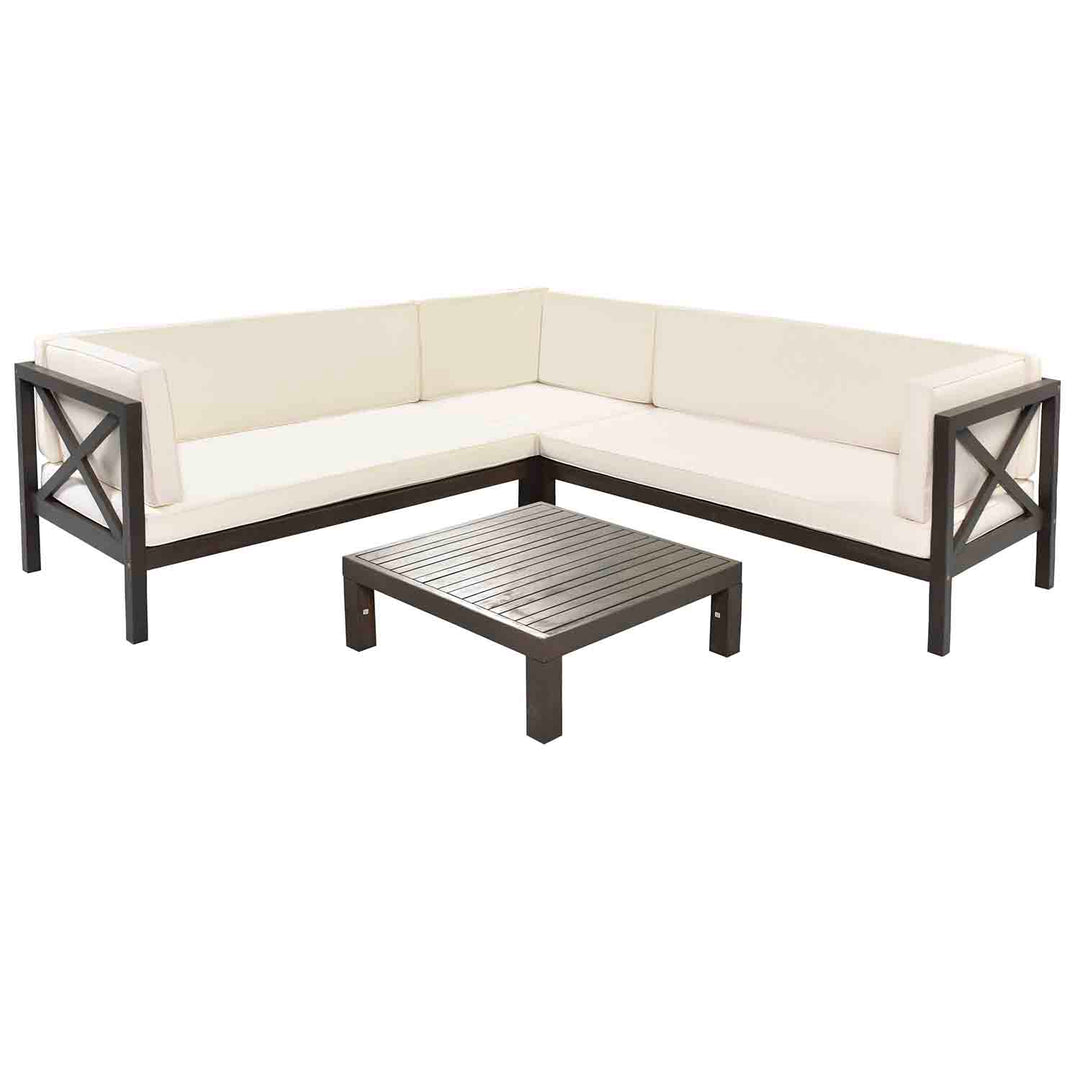 Oasis Wood Outdoor Sectional Seating Group with Cushions and Tableooden