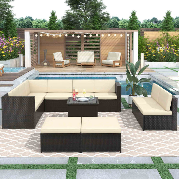 Irta Rattan Sectional Seating Group with Cushions and Ottoman - 9 Seat