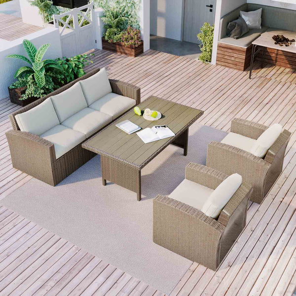 Irta Outdoor Wicker Furniture Sofa Set with Beige Cushions - 5 Seat