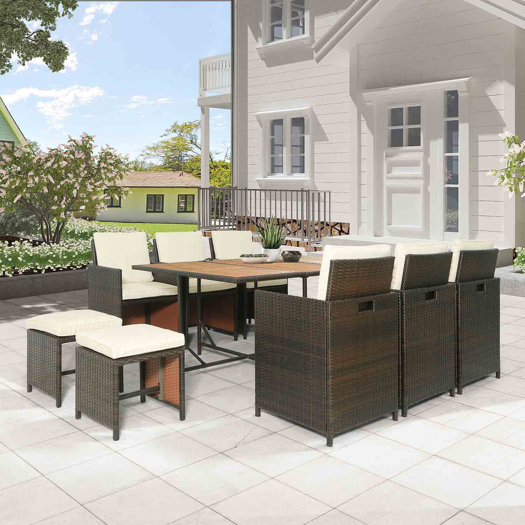 Haven Patio Wicker Dining Table Set with Wood Tabletop for 10
