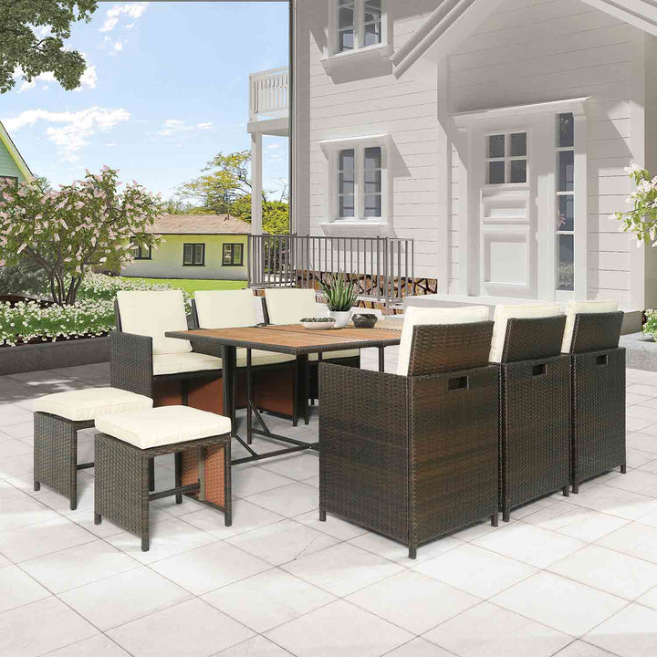 Haven Patio Wicker Dining Table Set with Wood Tabletop for 10