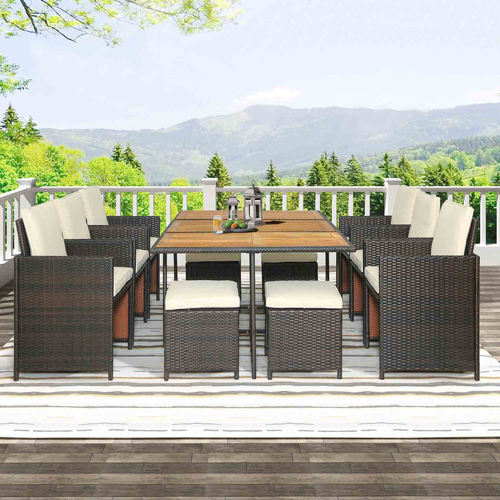 Haven Patio Wicker Dining Table Set with Wood Tabletop for 10