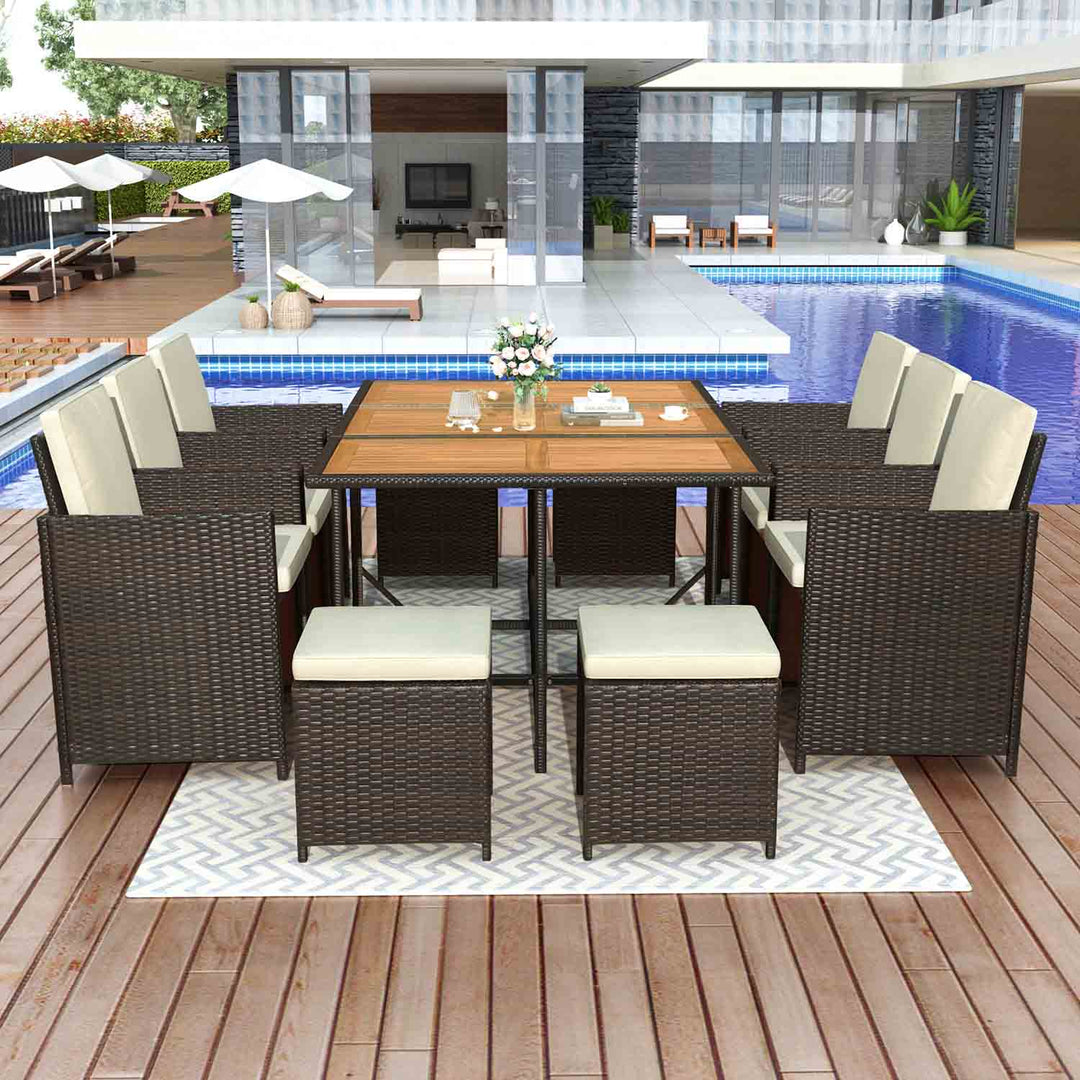 Haven Patio Wicker Dining Table Set with Wood Tabletop for 10