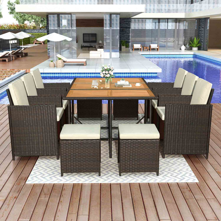 Haven Patio Wicker Dining Table Set with Wood Tabletop for 10