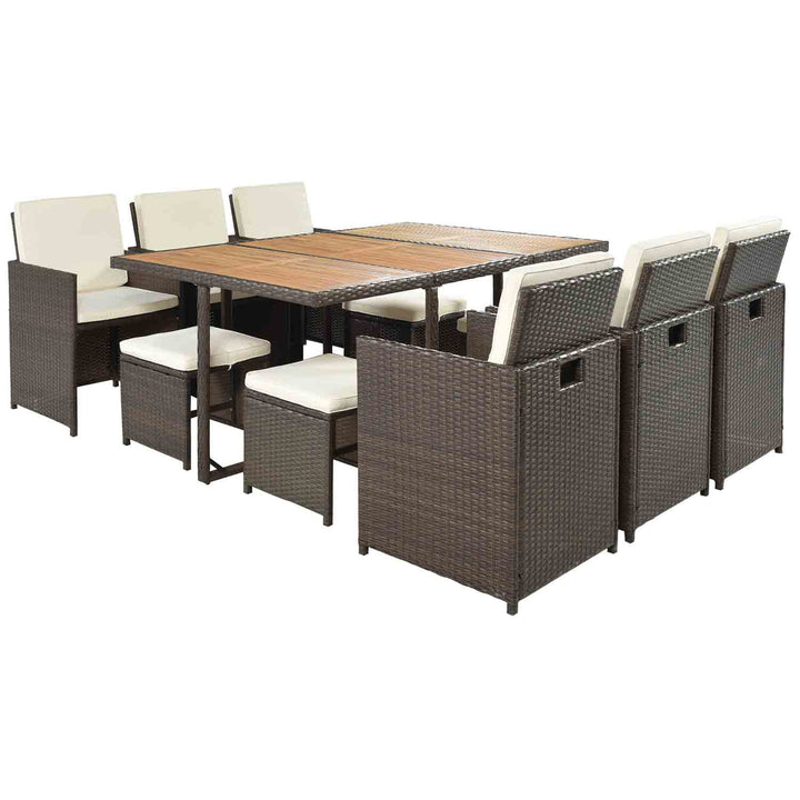 Haven Patio Wicker Dining Table Set with Wood Tabletop for 10