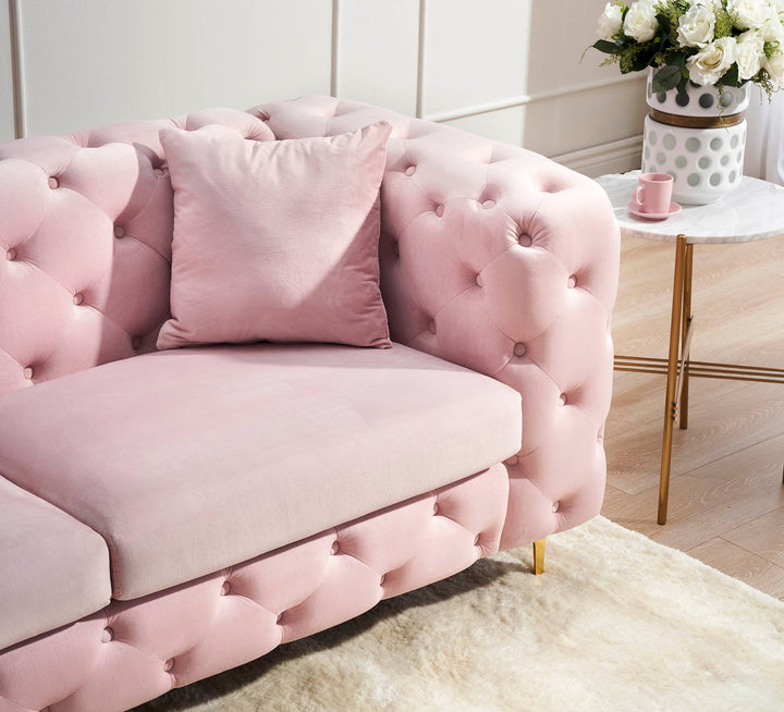 Sitka Pink Velvet Loveseat With Two Throw Pillows