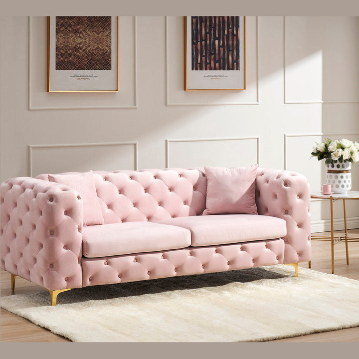 Sitka Pink Velvet Loveseat With Two Throw Pillows