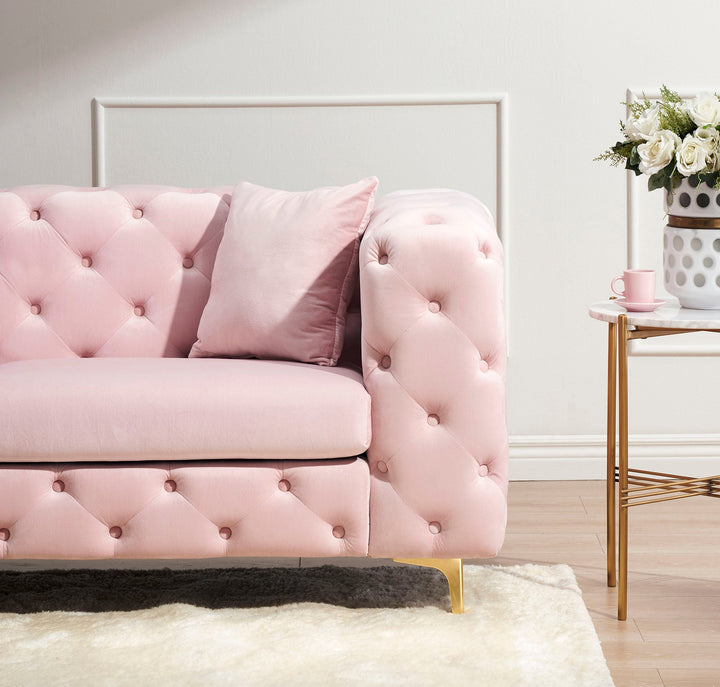 Sitka Pink Velvet Loveseat With Two Throw Pillows