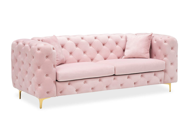 Sitka Pink Velvet Loveseat With Two Throw Pillows