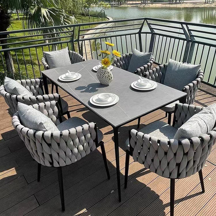 Haven Patio Dining Set with Solid Marble Top Table and 6 Woven Rattan Armchairs - 6 Seat