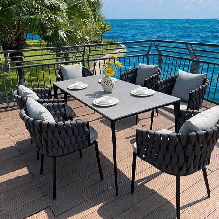 Haven Patio Dining Set with Solid Marble Top Table and 6 Woven Rattan Armchairs - 6 Seat
