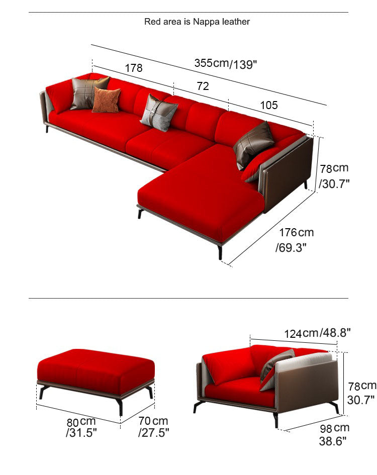 Madge Modern Luxury Nappa  Leather Sectional Sofa 139”