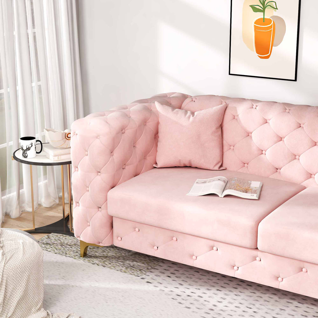Sitka Pink Velvet Loveseat With Two Throw Pillows