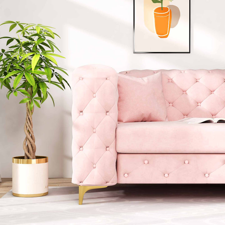 Sitka Pink Velvet Loveseat With Two Throw Pillows