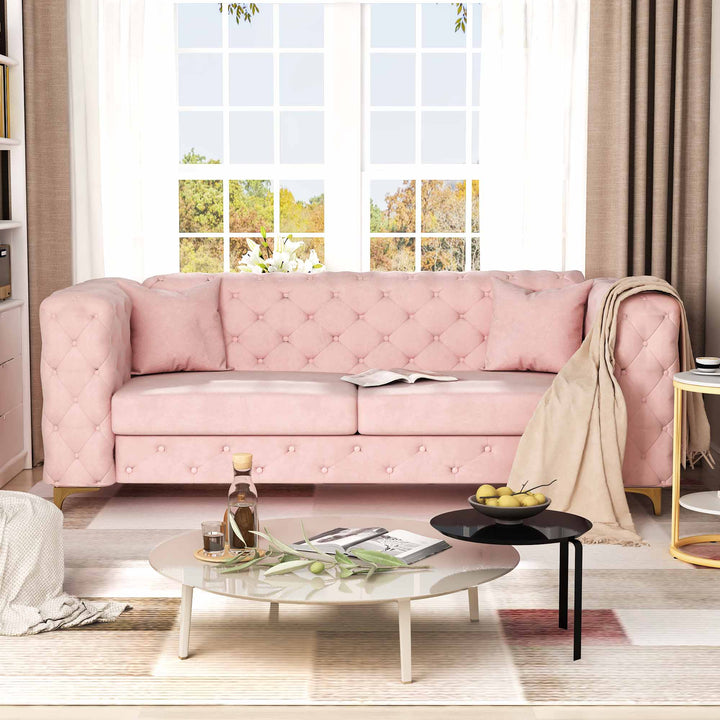 Sitka Pink Velvet Loveseat With Two Throw Pillows